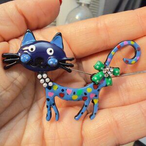 Cat Brooch Blue Black Enamel Metal Boho Animal Pin